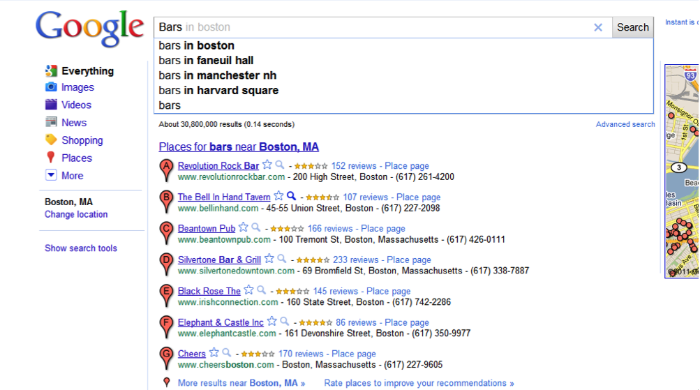 Google Instant search for "Bars in Boston."