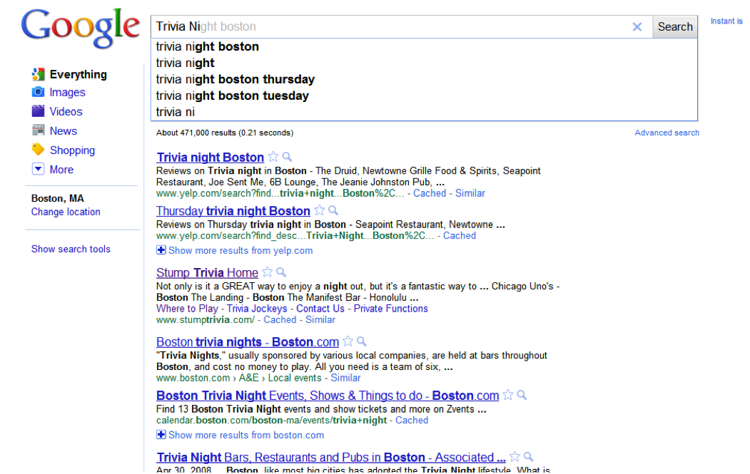 Google Instant search for "Boston Trivia."