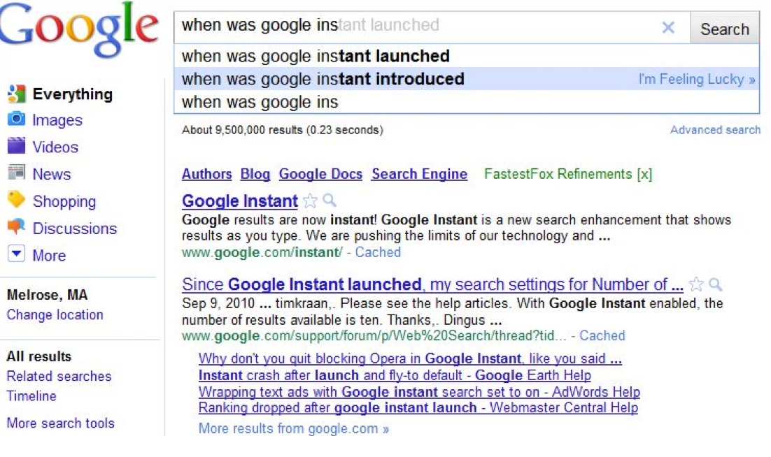 Third Google Instant search for "When was Google Instant launched."