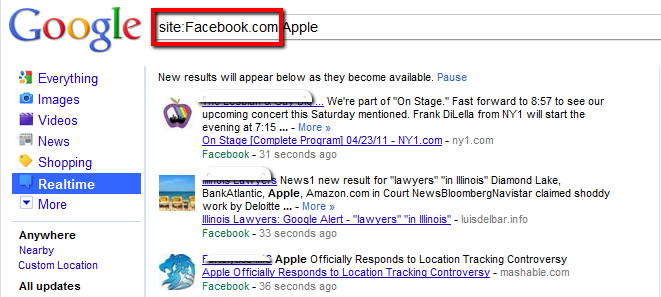 Facebook mentions are part of Google Realtime search results.