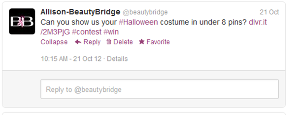 Beauty Bridge contest promotion on Twitter