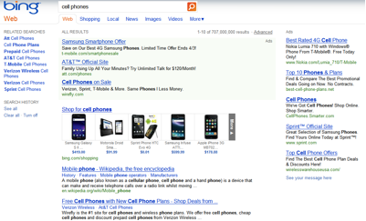 Bing's results for "cell phone".