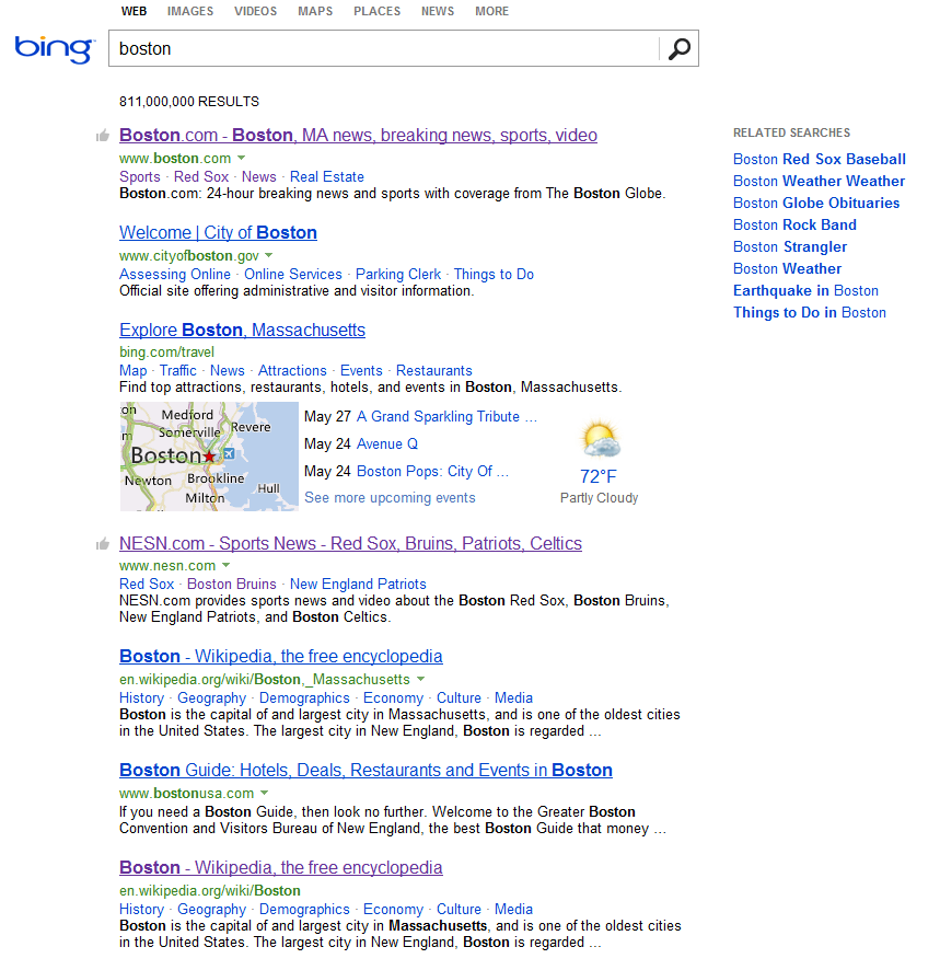 Search results for the term "Boston" are different than those from Yahoo despite using the same algorithm.