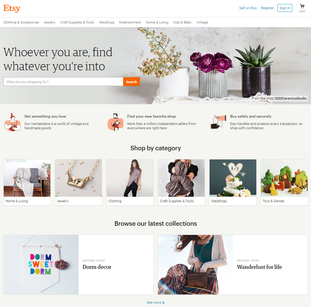 Etsy uses on-site cards to promote products and shops.