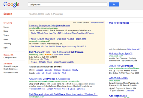 Google's results for "cell phone".