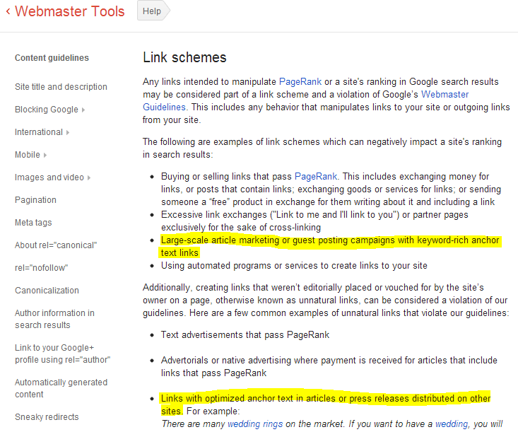 Google Webmaster Guide link schemes