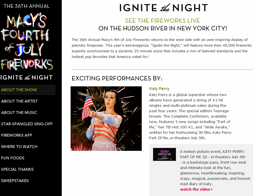 Macy's is using website content to promote both its July 4th Sale and fireworks event in New York.