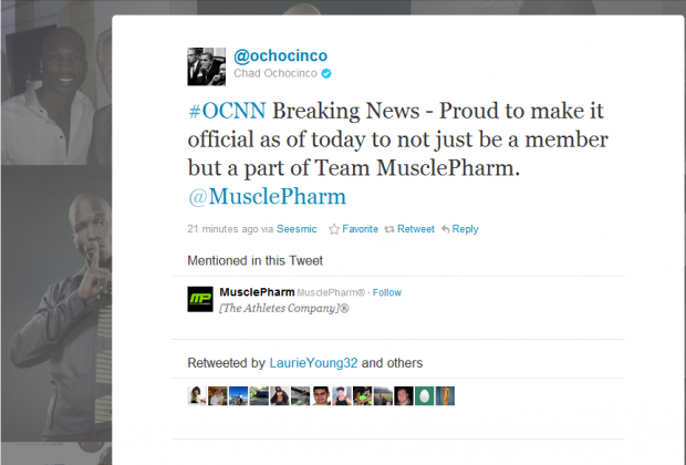 New England Patriots wide receiver Chad Ochocinco has become a brand advocate for MusclePharm.