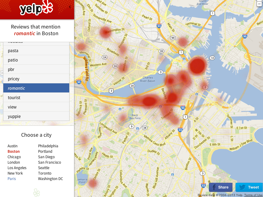 Yelp added Wordmaps, showing internet users which areas are hotspots for certain keyword phrases.