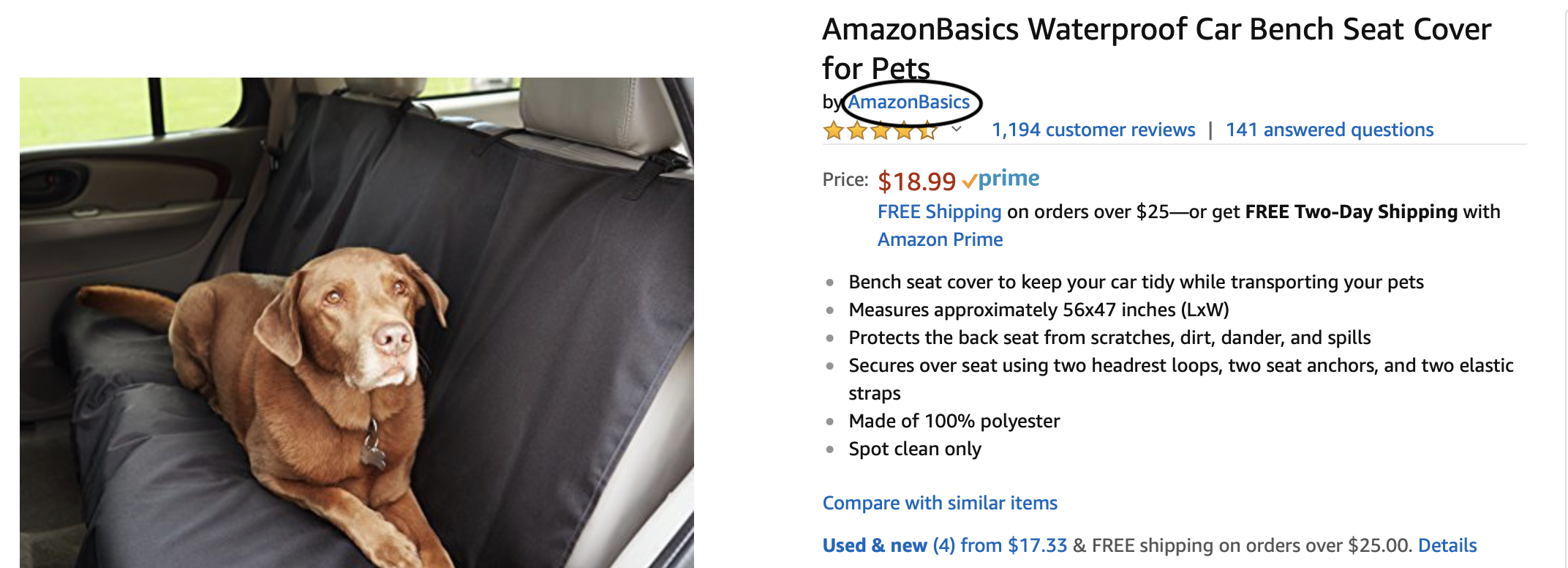 AmazonBasics Waterproof car bench seat cover for pets