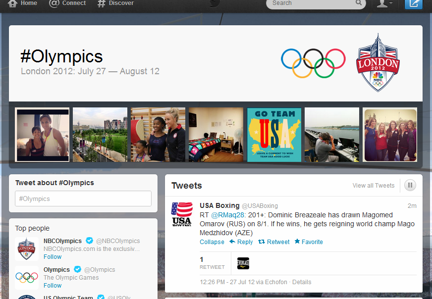 Twitter and NBC Olympics have partnered on a hashtag page to serve as a hub for social conversation around the event.