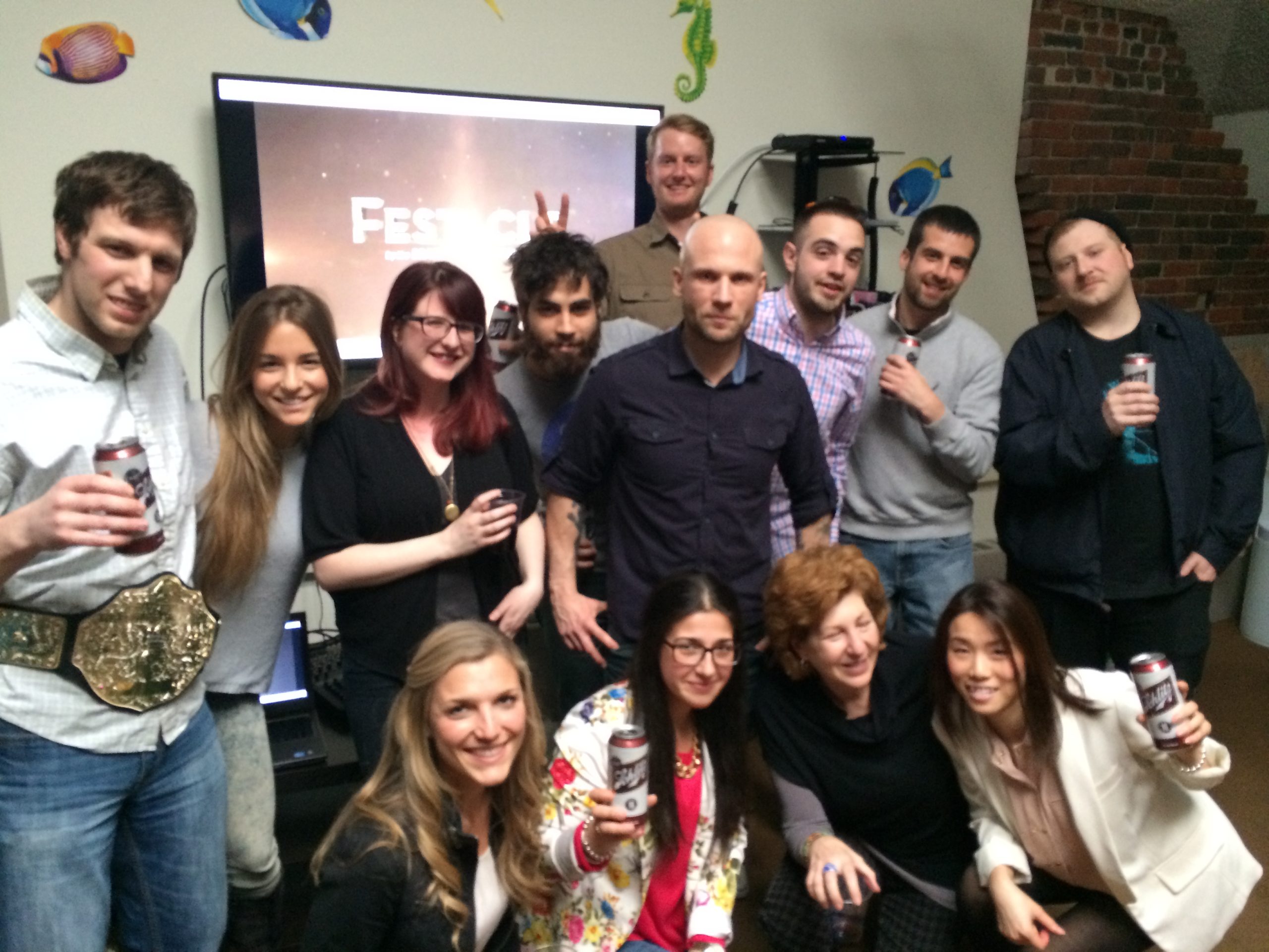 Kim and her teammates at our quarterly video party.