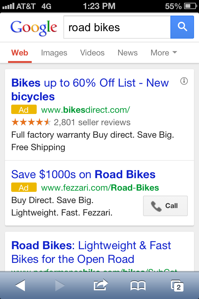 Google's mobile search results prioritize paid ads.
