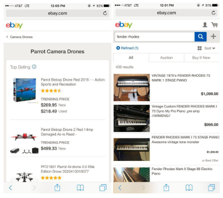 eBay's amp page (left) is cleaner, quicker, and easier than the traditional mobile page (right).