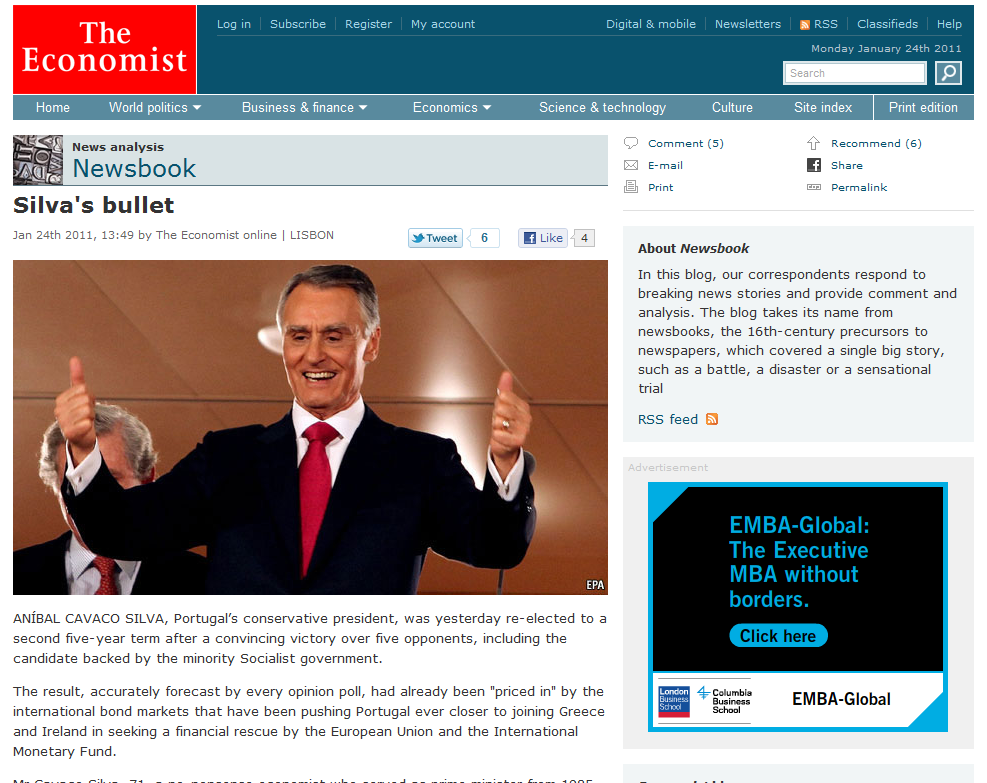 The Economist keeps its primary content clear of obstructions and lets it shine.