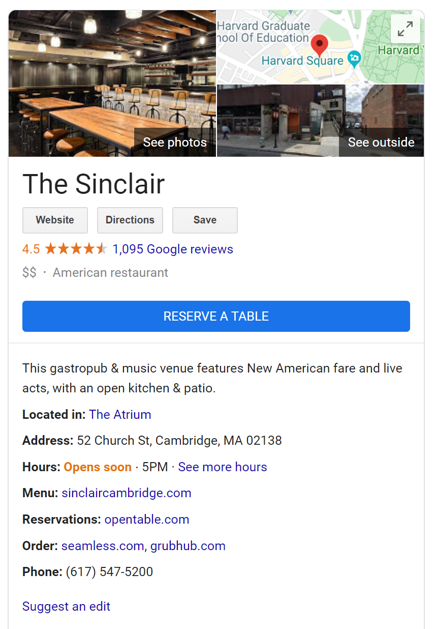 The Sinclair Google My Business card