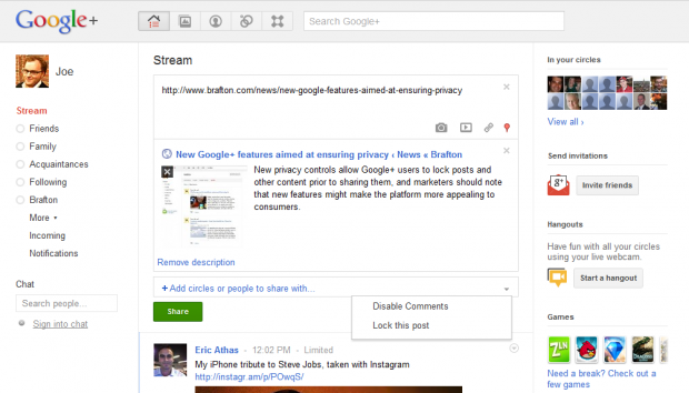 Google+ has added a feature to allow users to disable sharing of their content prior to posting it.