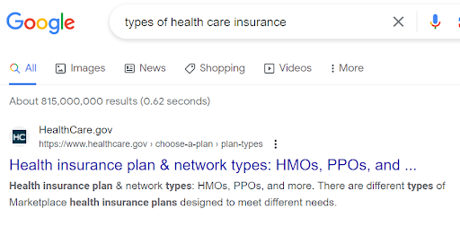 health insurance content marketing google screenshot