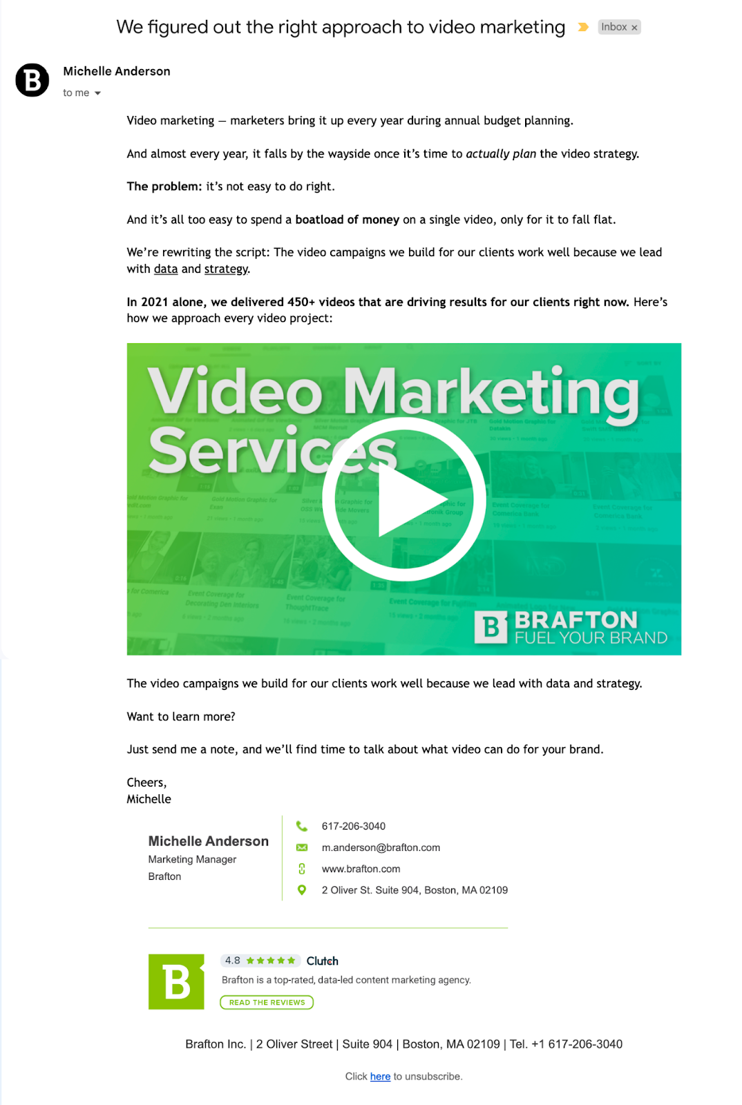 Brafton email marketing example on video marketing