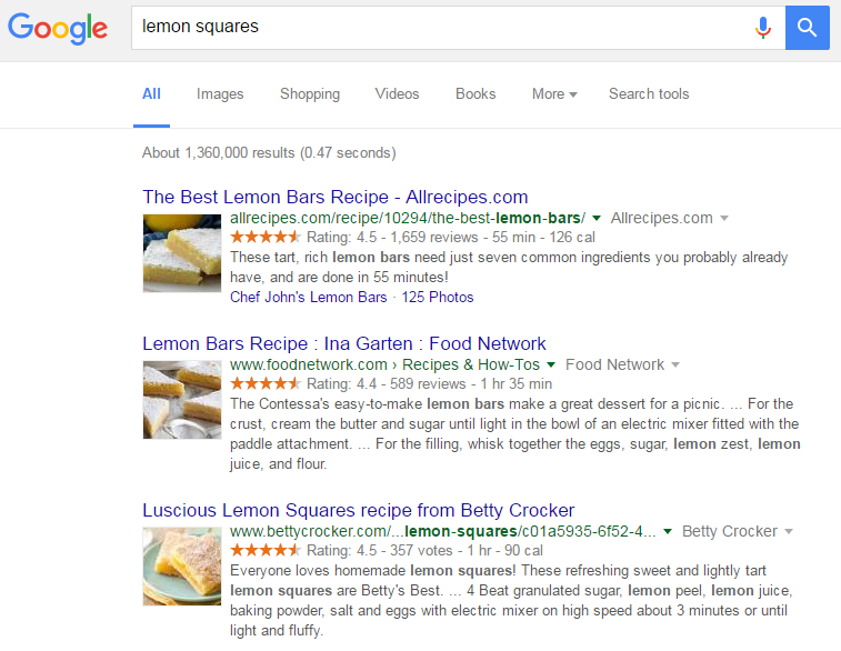 Using schema tells Google that photos of your recipe should accompany the link in a SERP.