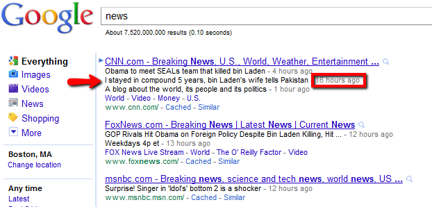 News headlines in Google's general web results.