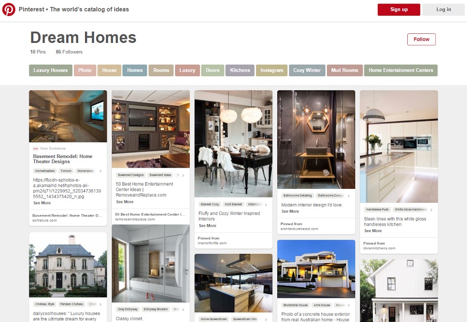 This Pinterest board of "dream homes" helps to capture people's imaginations, and sell the lifestyle.